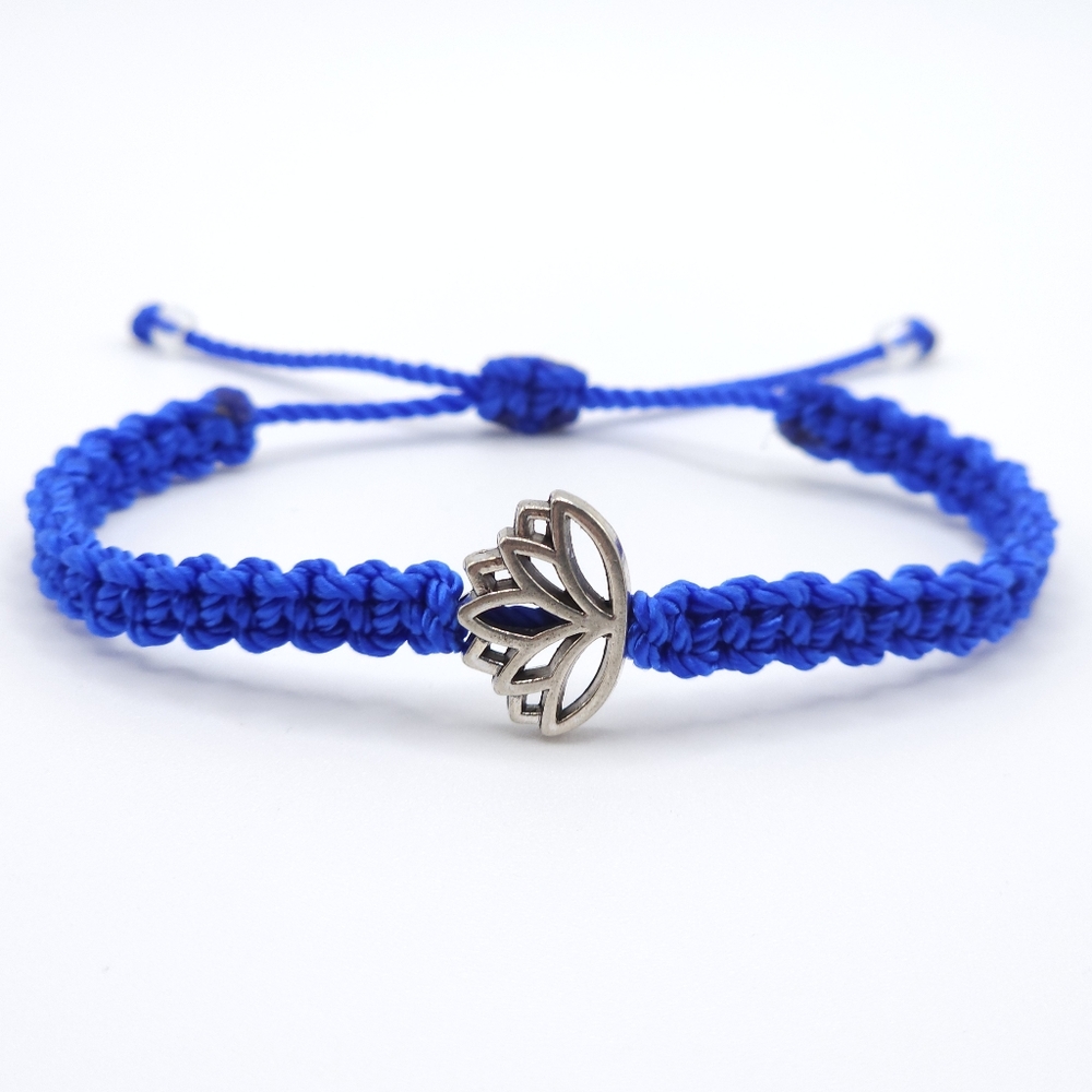 Lotus flower bracelet, blue string braided bracelet, lotus charm jewelry